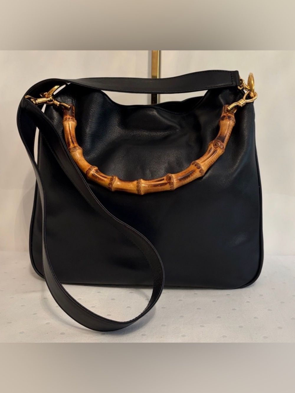 Gucci • Bamboo Black Leather Shoulder Bag Gold Hardware
